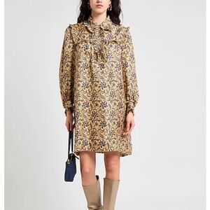 Sandro Blue and Cream Long Sleeve Dress
